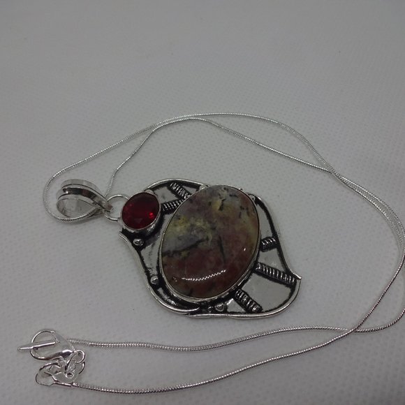 Beautiful "BRECCIATED JASPER & RUBY" Handmade Sterling Pendant/18" Chain #445 - Picture 1 of 3